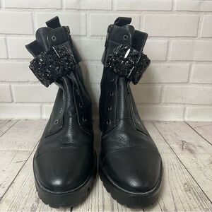Karl Lagerfeld Size 8.5 Pippa Jeweled Strap Black Pebbled-Leather Combat Boots